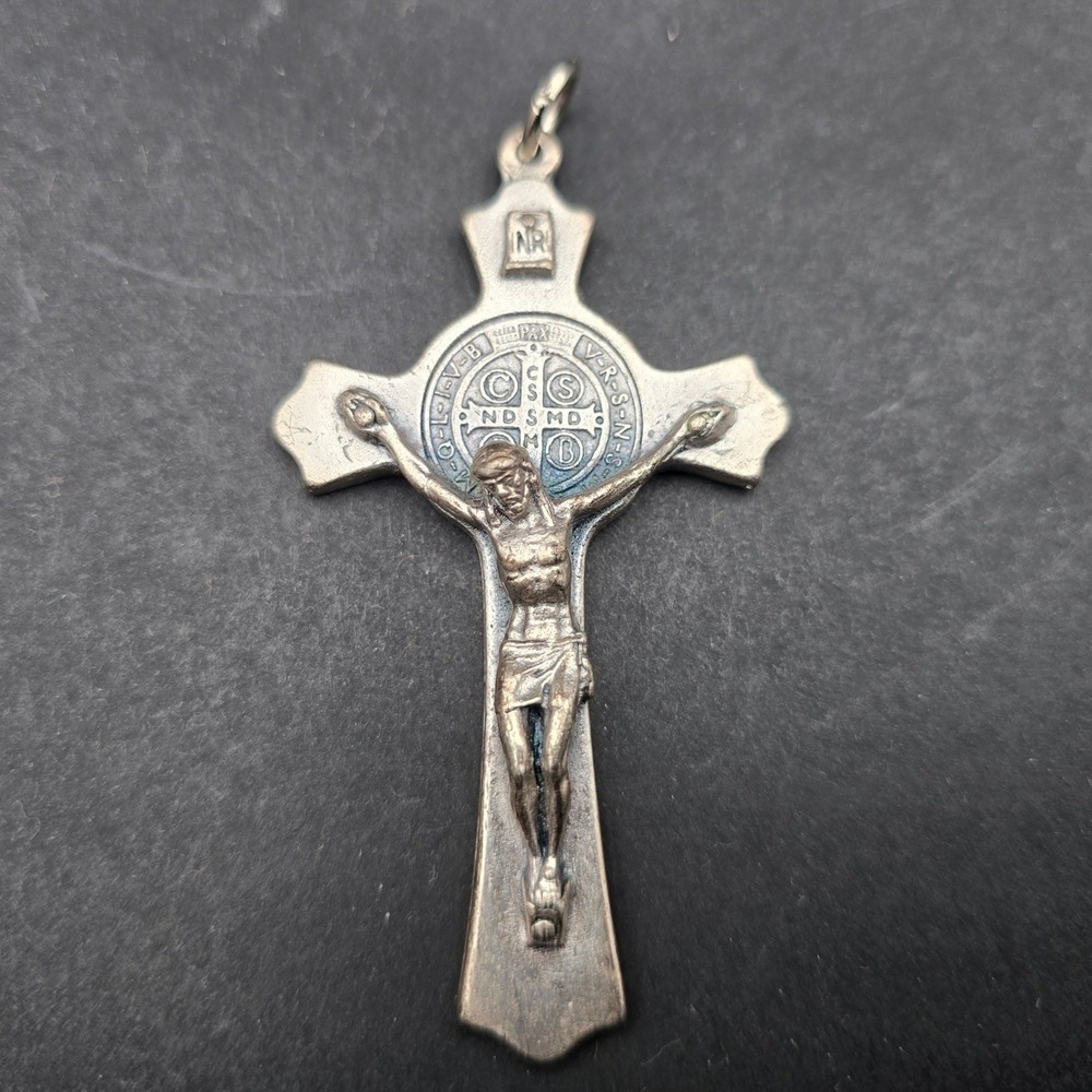 Vintage Saint Benedict Crucifix Pendant Silver Tone Medal Cross Italy 3 Inch